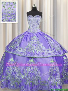 Fashionable Lavender Ball Gowns Sweetheart Sleeveless Taffeta Floor Length Lace Up Beading and Embroidery Quinceanera Gown