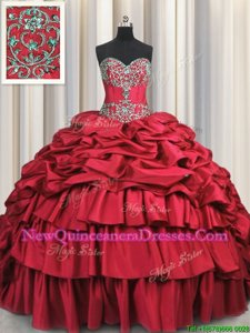 Modern Sweetheart Sleeveless Taffeta Quinceanera Dress Beading and Embroidery and Ruffled Layers and Pick Ups Brush Train Lace Up