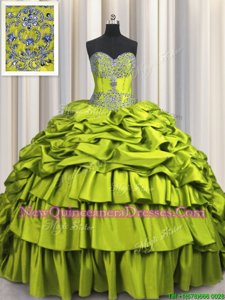 Sophisticated Brush Train Sweetheart Sleeveless Taffeta Ball Gown Prom Dress Beading and Embroidery and Ruffled Layers and Pick Ups Lace Up