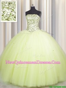 Fine Sequins Big Puffy Light Yellow Sleeveless Tulle Lace Up Sweet 16 Dress for Military Ball and Sweet 16 and Quinceanera