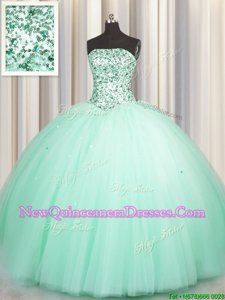 Noble Puffy Skirt Apple Green and Light Blue Ball Gowns Tulle Sweetheart Sleeveless Beading and Sequins Floor Length Lace Up 15 Quinceanera Dress