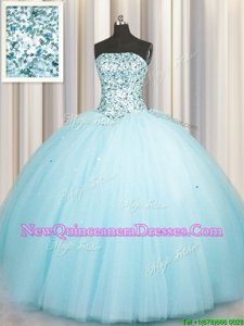 Edgy Really Puffy Floor Length Lace Up 15th Birthday Dress Aqua Blue and In for Military Ball and Sweet 16 and Quinceanera withBeading and Sequins