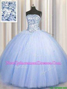 Exceptional Big Puffy Tulle Strapless Sleeveless Lace Up Beading and Sequins 15th Birthday Dress inBlue