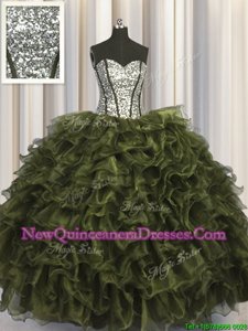 Classical Sequins Visible Boning Floor Length Ball Gowns Sleeveless Olive Green Quinceanera Gown Lace Up