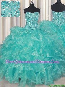 Great Turquoise Sleeveless Beading and Ruffles Floor Length Ball Gown Prom Dress