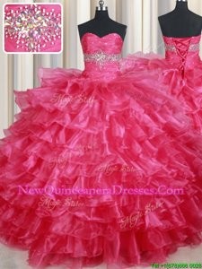 Sleeveless Organza Floor Length Lace Up Quince Ball Gowns inCoral Red withRuffled Layers