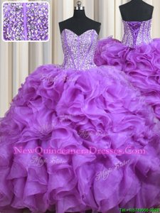 Gorgeous Lavender Ball Gowns Organza Sweetheart Sleeveless Beading and Ruffles Lace Up Quince Ball Gowns Sweep Train