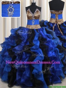 Sumptuous Blue And Black Ball Gowns Beading and Ruffles 15th Birthday Dress Lace Up Organza Sleeveless Floor Length