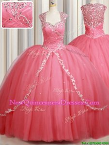 Straps Straps Watermelon Red Zipper Quinceanera Dress Beading and Appliques Cap Sleeves Sweep Train