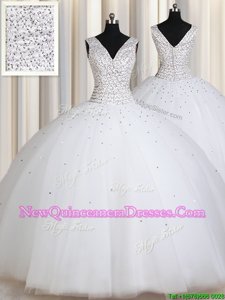 Ideal White Ball Gowns Tulle Straps Sleeveless Beading and Sequins Floor Length Zipper Sweet 16 Dresses