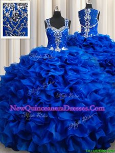 High Quality Ball Gowns Quinceanera Dress Royal Blue Straps Organza Sleeveless Floor Length Lace Up