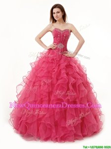 Fancy Coral Red A-line Organza Sweetheart Sleeveless Beading and Ruffles Floor Length Lace Up Vestidos de Quinceanera