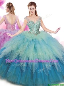 Customized Floor Length Multi-color Quinceanera Dresses Tulle Cap Sleeves Spring and Summer and Fall and Winter Beading and Ruffles