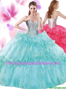 Excellent Turquoise Organza Lace Up 15 Quinceanera Dress Sleeveless Floor Length Beading and Pick Ups