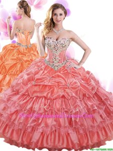 Top Selling Watermelon Red Lace Up Sweetheart Beading and Ruffled Layers and Pick Ups Quinceanera Gown Organza Sleeveless