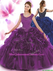 Customized Dark Purple Ball Gowns Organza Scoop Sleeveless Beading and Ruffles Floor Length Zipper Quinceanera Gown