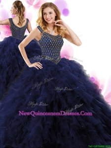 Best Tulle Scoop Sleeveless Zipper Beading and Ruffles Quince Ball Gowns inNavy Blue