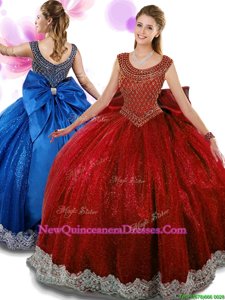 Scoop Wine Red Zipper Quinceanera Dress Beading and Appliques and Bowknot Sleeveless Floor Length