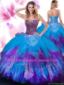 Custom Design Multi-color Quince Ball Gowns Military Ball and Sweet 16 and Quinceanera and For withBeading and Ruffled Layers Sweetheart Sleeveless Lace Up