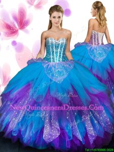 Floor Length Multi-color Vestidos de Quinceanera Tulle Sleeveless Spring and Summer and Fall and Winter Beading and Ruffled Layers