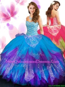 Colorful Ruffled Sweetheart Sleeveless Lace Up 15th Birthday Dress Multi-color Tulle