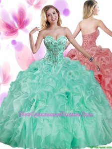 Adorable Apple Green Sleeveless Floor Length Beading and Ruffles Lace Up Quinceanera Dress