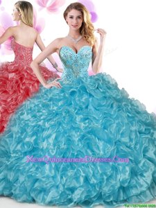 Smart Blue Organza Lace Up Quinceanera Dress Sleeveless Floor Length Beading and Ruffles