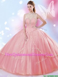 Superior Floor Length Rose Pink Quinceanera Gown Tulle Sleeveless Spring and Summer and Fall and Winter Beading