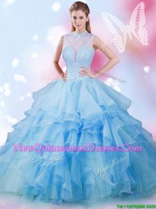 Exquisite Baby Blue Lace Up Vestidos de Quinceanera Beading and Ruffles Sleeveless Floor Length