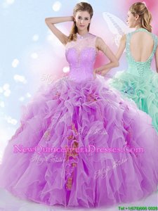 Amazing Halter Top Lilac Sleeveless Floor Length Beading and Ruffles Lace Up 15 Quinceanera Dress