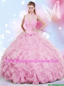 Glamorous Rose Pink Lace Up Halter Top Beading and Ruffles Quinceanera Gowns Tulle Sleeveless