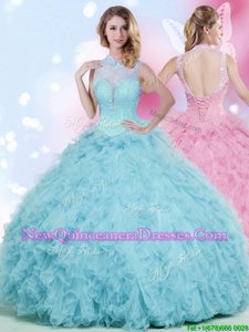 Perfect High-neck Sleeveless Tulle Vestidos de Quinceanera Beading and Ruffles Lace Up