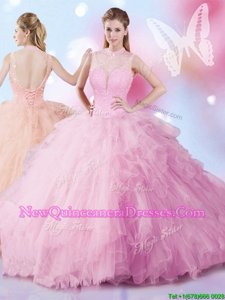 Ideal Rose Pink Ball Gowns Sleeveless Tulle Floor Length Lace Up Beading and Ruffles Quinceanera Dresses