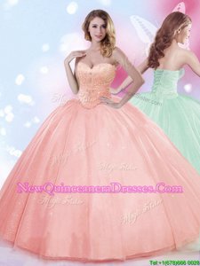 Custom Designed Sweetheart Sleeveless Tulle Quinceanera Gown Beading Lace Up