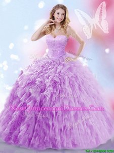 Trendy Sleeveless Tulle Brush Train Lace Up 15 Quinceanera Dress inLavender withBeading and Ruffles