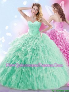 Sexy Sleeveless Brush Train Beading and Ruffles Lace Up Ball Gown Prom Dress