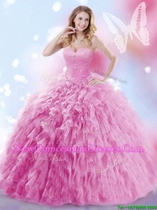 High End Rose Pink Ball Gowns Tulle Sweetheart Sleeveless Beading and Ruffles Lace Up Sweet 16 Dress Brush Train