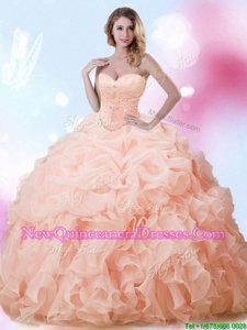 Top Selling Sweetheart Sleeveless Organza Quinceanera Gown Beading and Ruffles and Pick Ups Brush Train Lace Up