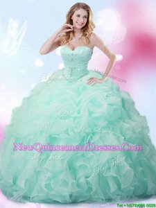 Gorgeous Apple Green Ball Gowns Sweetheart Sleeveless Organza With Brush Train Lace Up Beading and Ruffles and Pick Ups Quince Ball Gowns