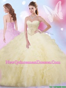 Clearance Light Yellow Lace Up Sweetheart Beading and Ruffles Quinceanera Dresses Tulle Sleeveless