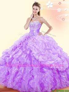 Spectacular Lavender Lace Up Sweet 16 Dress Beading and Ruffles and Pick Ups Sleeveless Floor Length