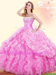 Best Selling Rose Pink Sweet 16 Dress Military Ball and Sweet 16 and Quinceanera and For withBeading and Ruffles and Pick Ups Sweetheart Sleeveless Lace Up