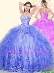 Ideal Blue Ball Gowns Sweetheart Sleeveless Tulle Floor Length Lace Up Beading and Ruffles 15th Birthday Dress