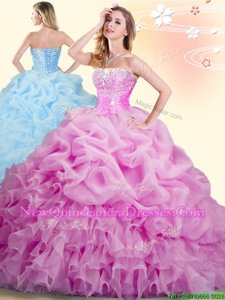 Nice With Train Lace Up Quince Ball Gowns Lilac and In for Military Ball and Sweet 16 and Quinceanera withBeading and Ruffles and Pick Ups Brush Train