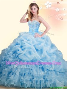 Comfortable Pick Ups With Train Baby Blue Sweet 16 Dresses Sweetheart Sleeveless Brush Train Lace Up