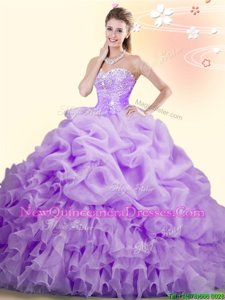 New Arrival Pick Ups Sweetheart Sleeveless Brush Train Lace Up Ball Gown Prom Dress Lilac Organza