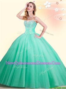 Sleeveless Tulle Floor Length Lace Up Quince Ball Gowns inApple Green withBeading