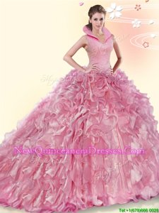 Sumptuous Pink Ball Gowns Beading and Ruffles 15th Birthday Dress Backless Organza Sleeveless