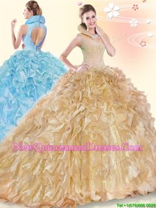 Fancy Champagne Ball Gowns High-neck Sleeveless Organza Brush Train Backless Beading and Ruffles 15 Quinceanera Dress