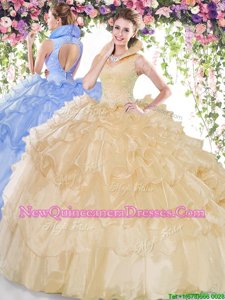 Luxury Sleeveless Backless Floor Length Beading and Ruffled Layers Vestidos de Quinceanera